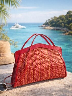 Barbara Bolan Italy Woven Leather Raspberry Pink Boho Resort Bag